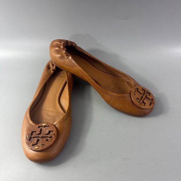 Tory Burch Shoes - Tory Burch British Tan Leather Reva Flats Tumbled Leather Logo